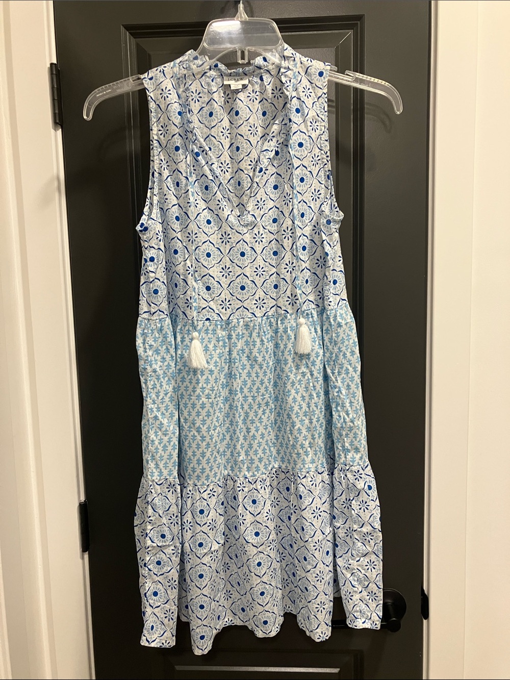 J.Crew Blue Patterned Tiered Midi Dress with Tassel Tie